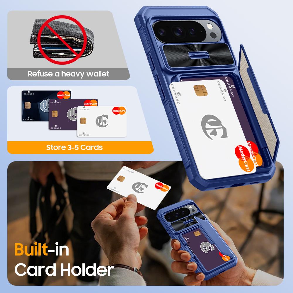 With Card Holder Sliding Camera Cover And Stand For Google Pixel 10 Pro XL Phone Case, Anti-Fall PC+TPU Wallet Case-Blue