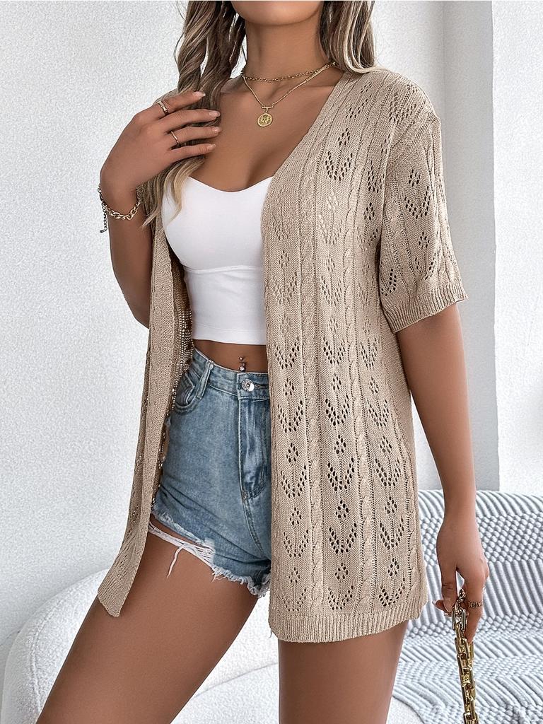 2024 Summer Woman White Hollow Short Sleeved Knitted Cardigan Vacation Sun Protection Shirt