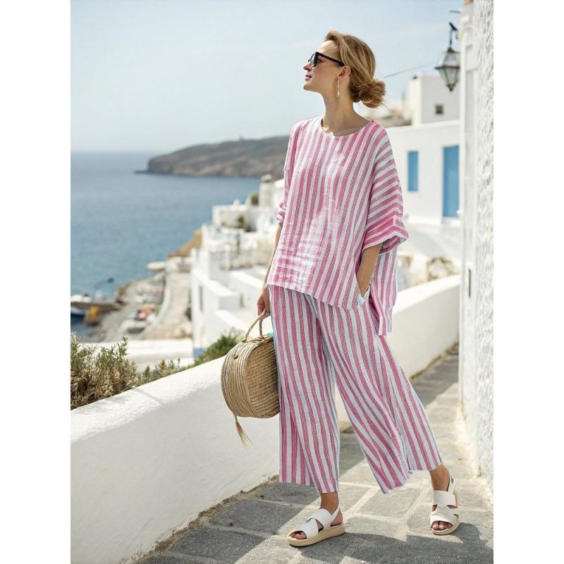 European and American summer women's clothing new 1D printing striped color matching medium-sleeved round neck top straight casual suit