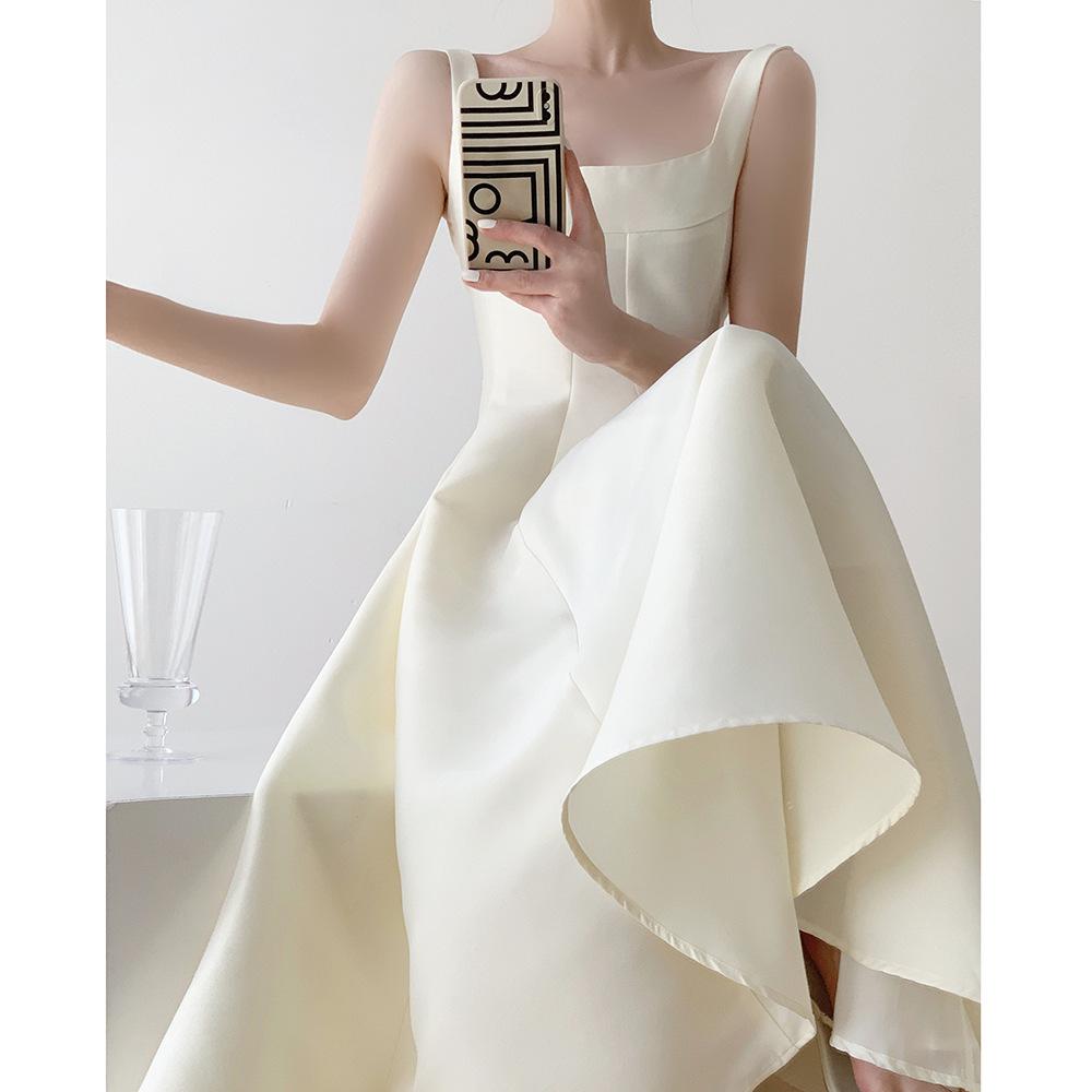 White retro suspender small dress certificate small white dress temperament thin evening dress party daily dress