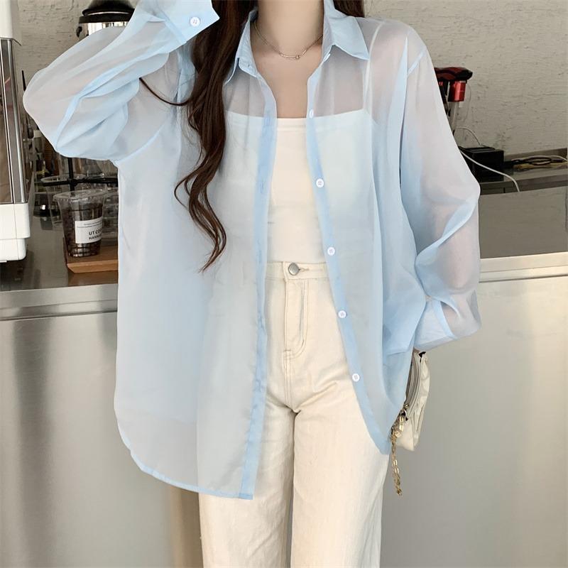 Back Split Lace-up Casual Loose Shirts Women Fashion New See Through Long Sleeve Women's Blouses Thin Breathable Sun Protection Office Lady Tops 26108