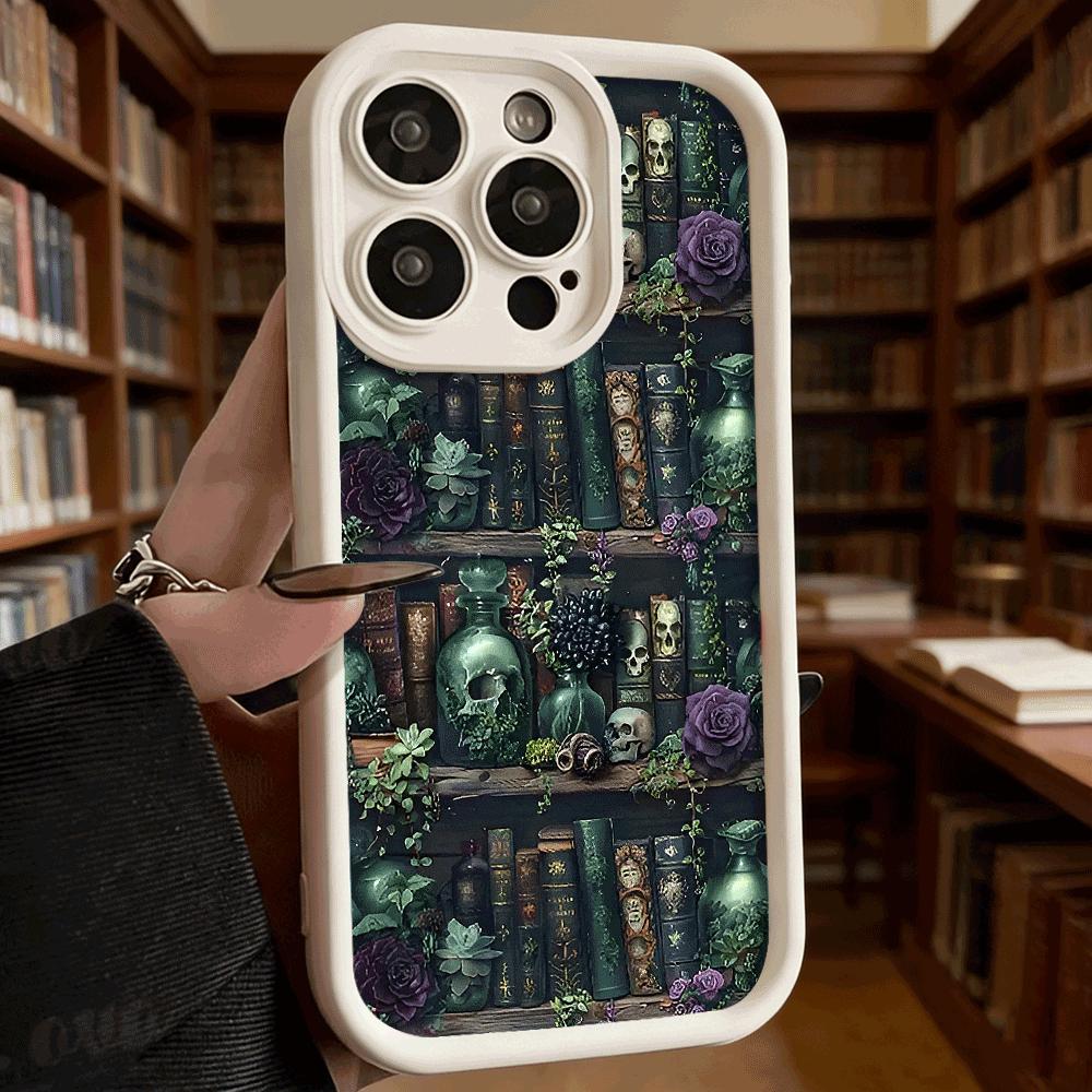 Готический книжный шкаф Черепа и розы Чехол для телефона для iPhone 17 16 15 14 13 12 11 Pro Max Plus Защитный, Гелевый, Гибкий, Защита от царапин