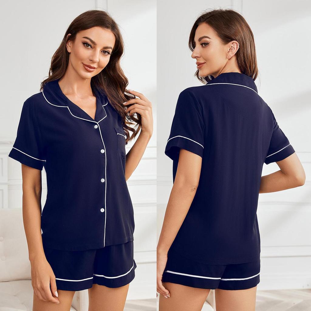 Women’s Sleeping Suits Rayon Short Sleeves Pajamas Button Up Piped Shirt and Shorts 2 Pieces Set Summer Home Night Sleep Casual Lounge Wear
