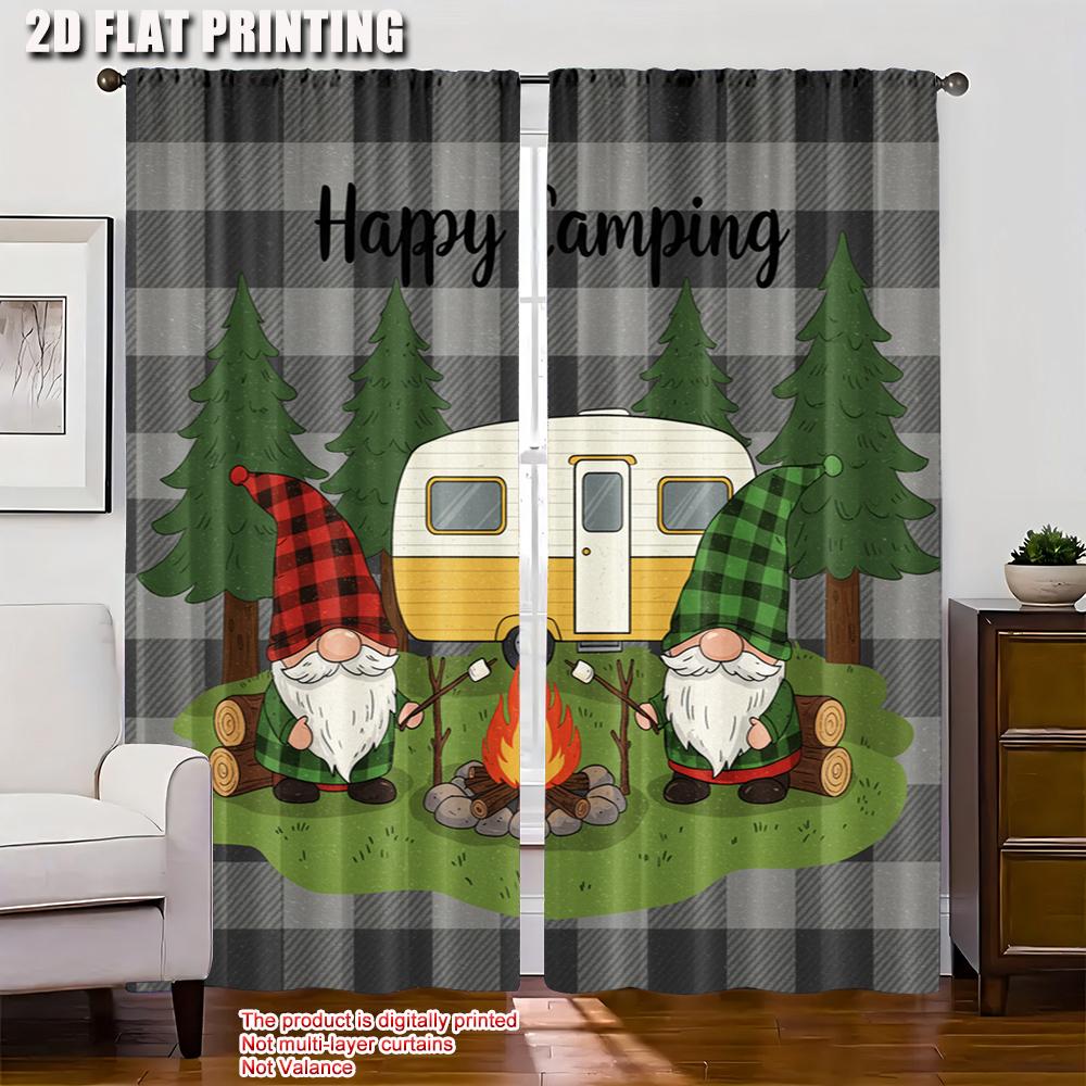 2pcs 2D flat printing Curtain Happy Camping Gnomes Trailer Trees Versatile Polyester Without Electricity Versatile Perfect for