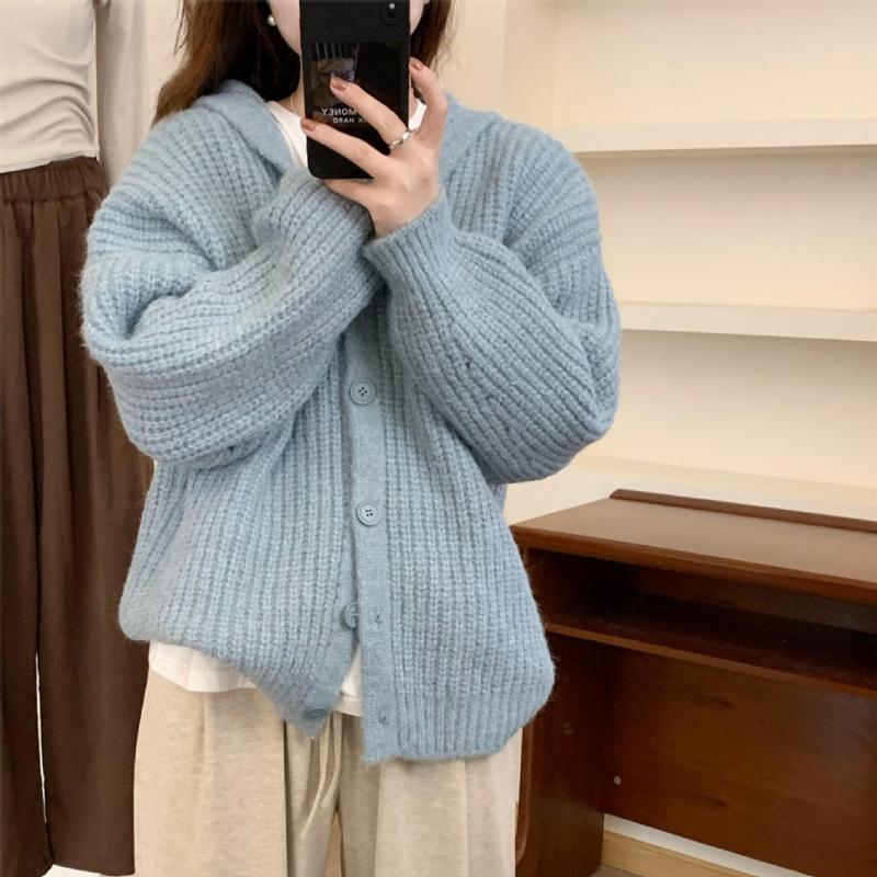 Корейская версия с капюшоном, толстый ленивый стиль, свитер, куртка, кардиган, женская осенне-зимняя свободная верхняя одежда, большая шапка, вязаный свитер