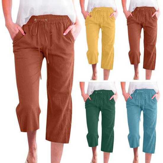 Женские укороченные брюки средней посадки с эластичной талией, регулируемые повседневные брюки на шнурке с карманами, свободные летние брюки