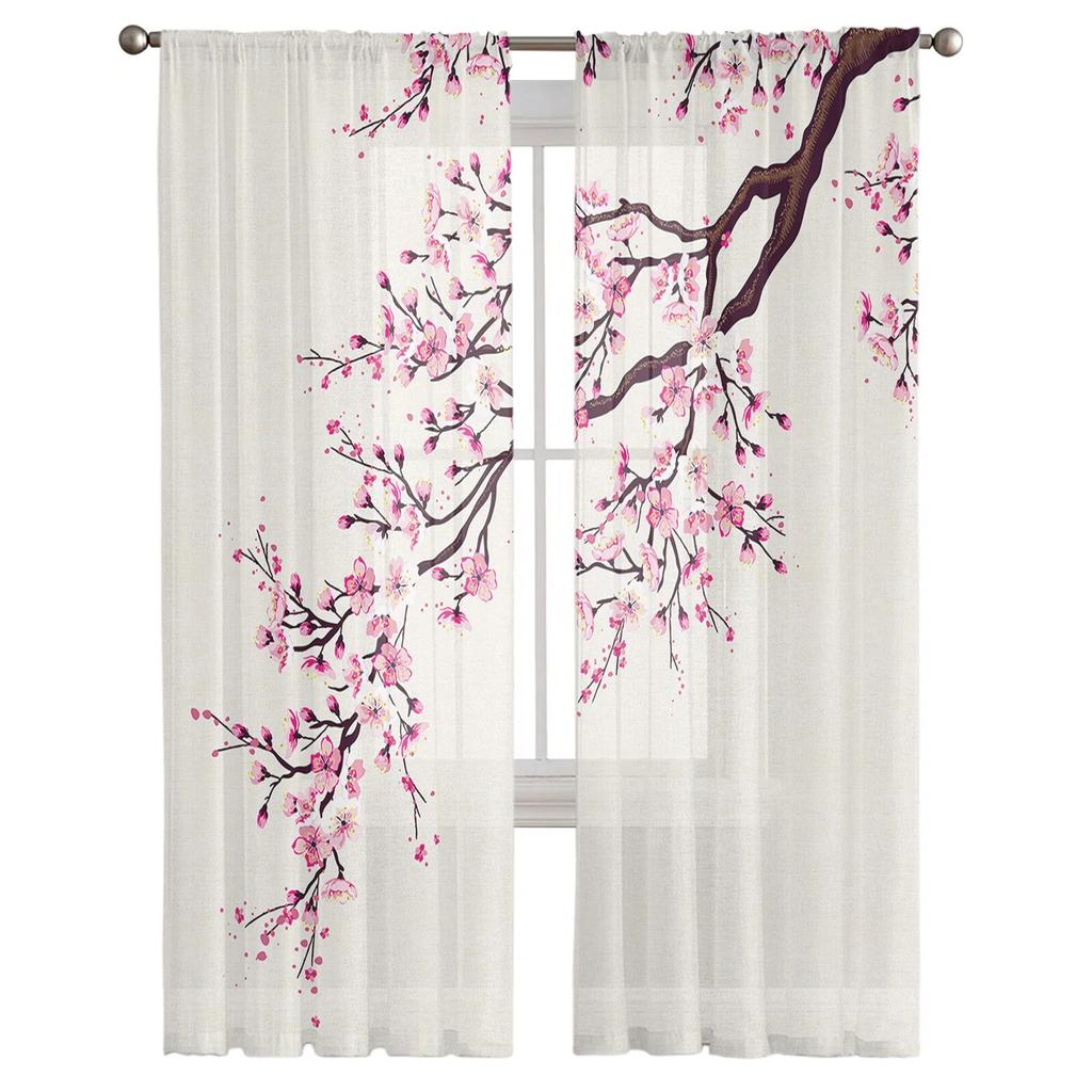 Тюлевые шторы с сакурой в японском стиле для гостиной, кухни, современные оконные занавески из вуали