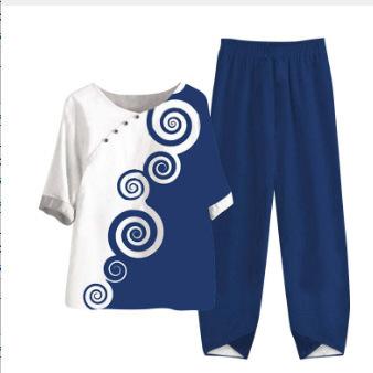Europe beautiful women casual suit popular fashion summer new five-quarter sleeve printed top pants two-piece set