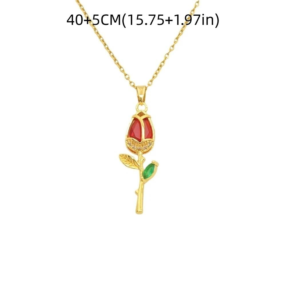 Elegant Tulip Flower Pendant Necklace Layered Minimalist Zircon Pendant Trendy Design Sweet Style Stainless Steel Choker