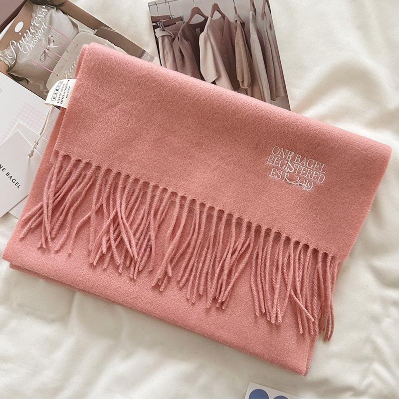 Japan and Korea embroidered pure wool scarf women's atmosphere warm solid color narrow version fringed shawl couple gift scarf men