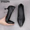 Black Slim Heel 3cm High Heels Women's Pumps Pointed Toe Shallow Mouth Slip-on Soft Leather Comfort Work Shoes New Fashion