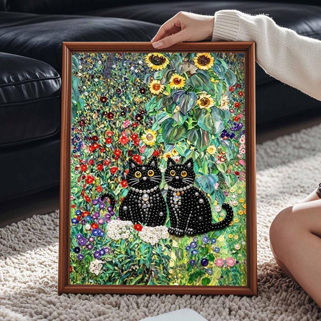 Сверкающий набор для рисования жемчугом в рамке DIY с двумя черными кошками в подсолнечном саду 3D-арт из бусин Холст Готов к демонстрации Декор для стены дома Подарок