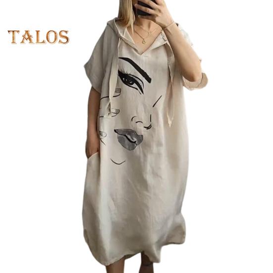 Женское платье с принтом лица, свободное платье с капюшоном и шнурком в богемном стиле с короткими рукавами, городской стиль, пуловер с разрезом по краю и боковым карманом, платье миди длиной до середины икры