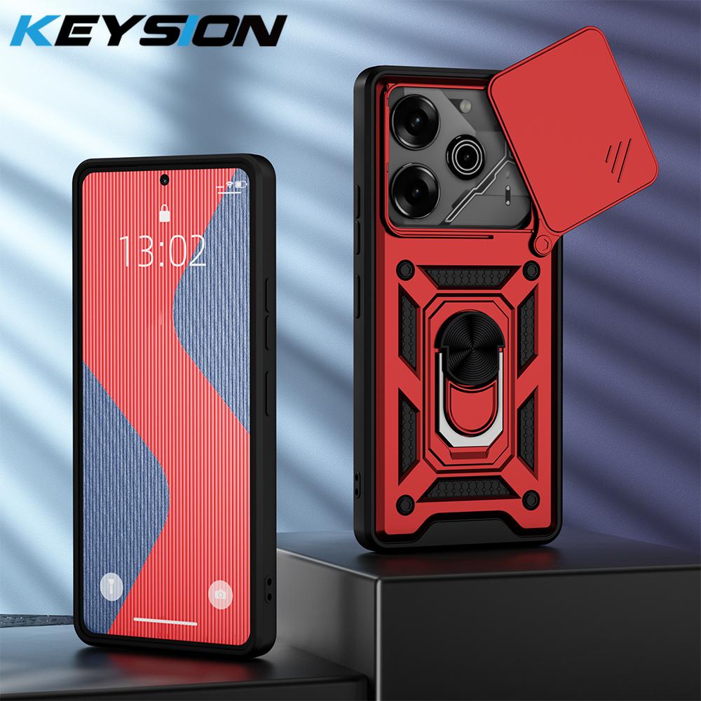 KEYSION Shockproof Armor Case for TECNO Pova 6 Pro 5G Slide Camera Lens Protection Metal Ring Stand Phone Cover for POVA 6 Neo