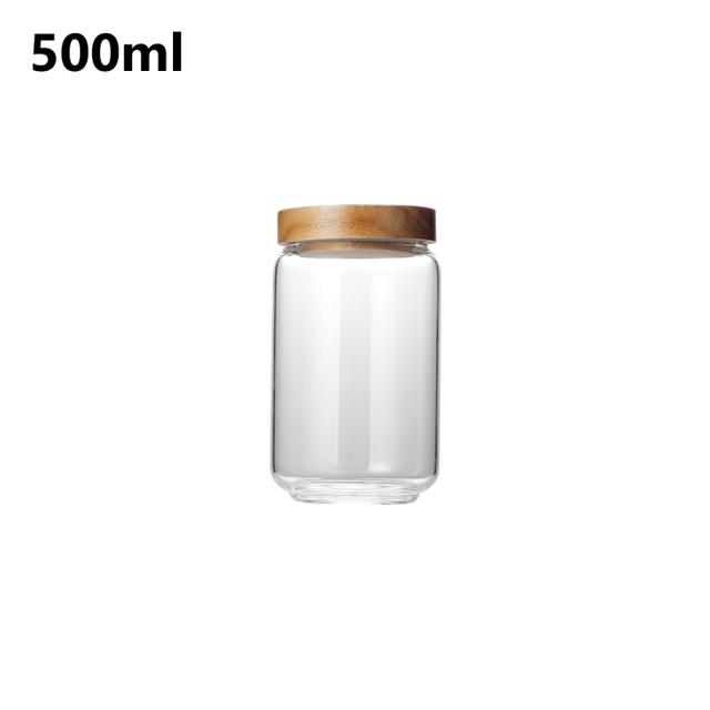 Банка для хранения продуктов питания Деревянная крышка Стеклянная герметичная канистра Кухонные бутылки для хранения Банки Контейнер для пищевых продуктов Зерна Зерна Контейнеры для банок для конфет