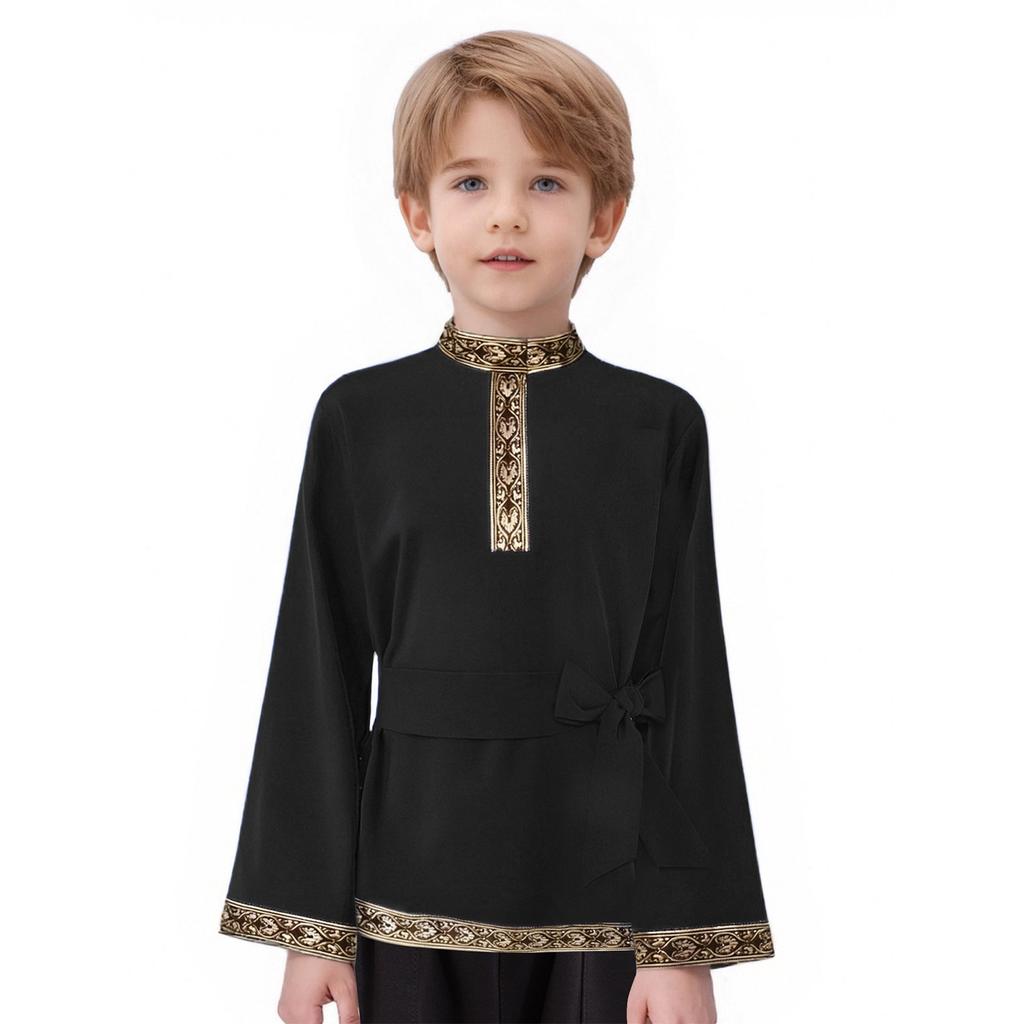 Unisex Kids Russian Folk Costume Shirt Band Mock Neck Invisible Button Zipper Carnival Party Outfit