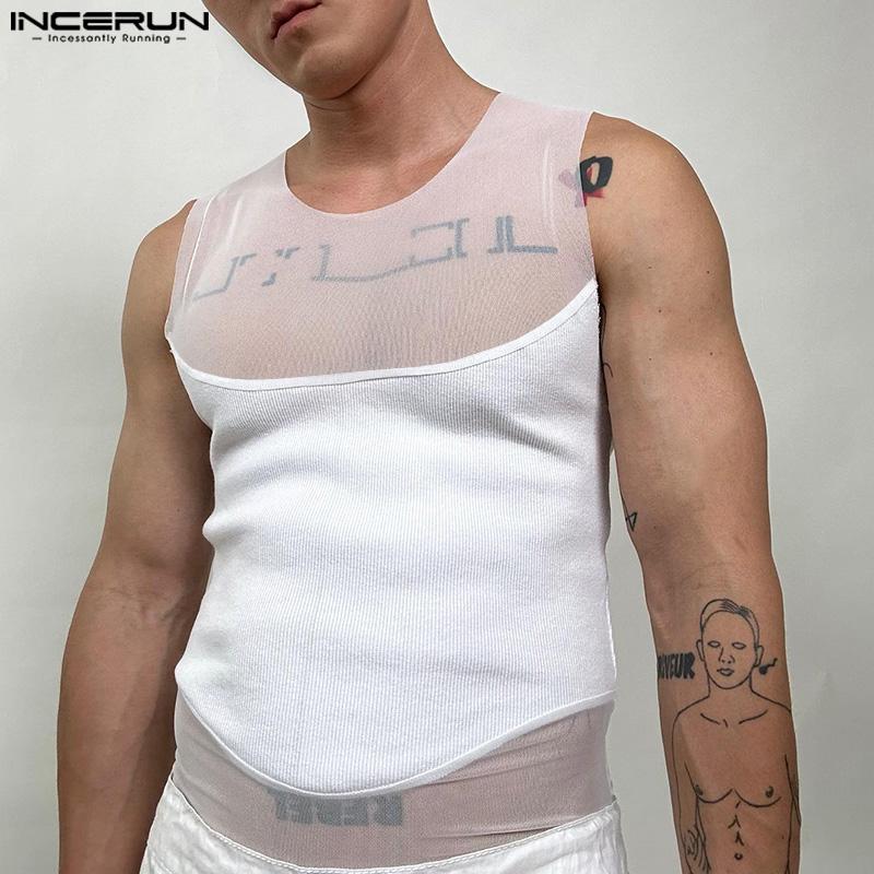 INCERUN Мужские топы без рукавов в сеточку в стиле пэчворк для клубной вечеринки