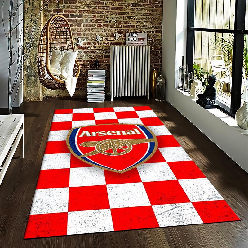 Red and White Checkered Carpet with Arsenal Logo Soccer Theme Suitable for use as an anti-slip for living room bedroom sofas