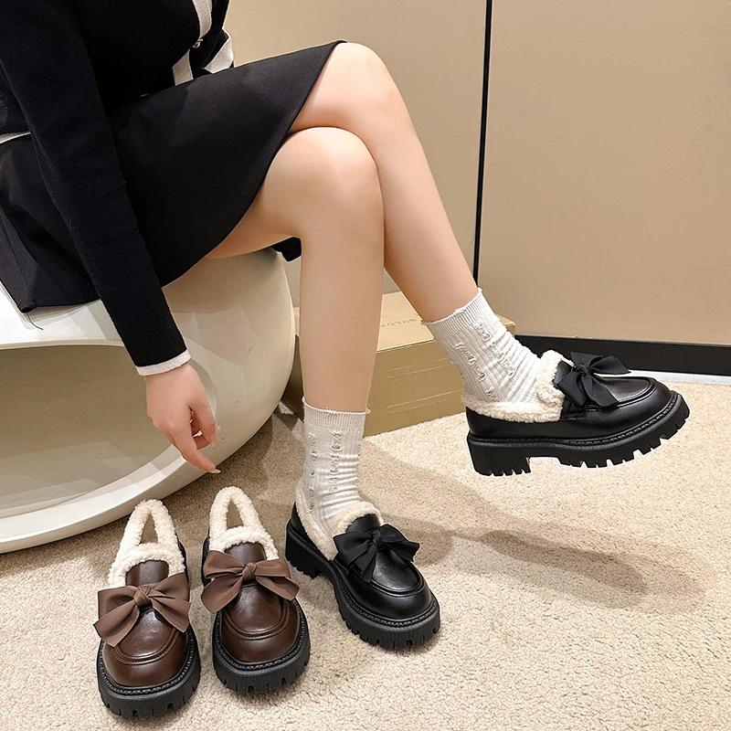 Модные кожаные туфли женские 2024 года, удобные мокасины с круглым носком, толстая подошва, повседневные теплые хлопковые туфли в стиле Лолиты, туфли Мэри Джейн с неглубоким носком