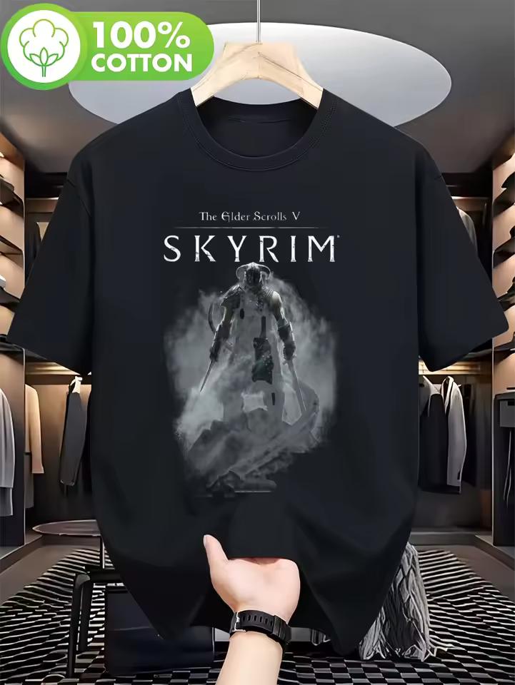 Мужская футболка Skyrim Силуэт Дракона - Однотонная, Круглый вырез, Короткий рукав, Ретро-дизайн видеоигры, Повседневная футболка унисекс