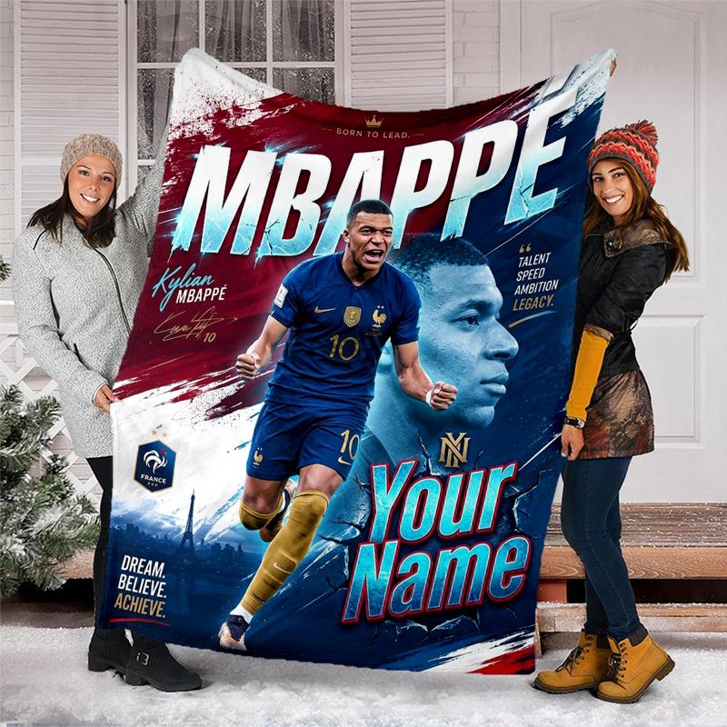 Custom Name Soccer star dynamic pose Flannel Fleece Blanket Cozy Warm Throw Blanket For Couch Bed Travel All Season Use