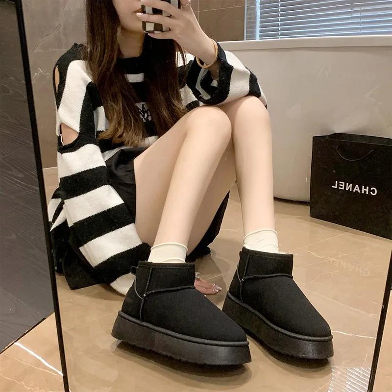 Модные новые зимние женские короткие плюшевые теплые зимние ботинки плоская повседневная обувь кожаные ботинки челси ботильоны толстая подошва женская обувь