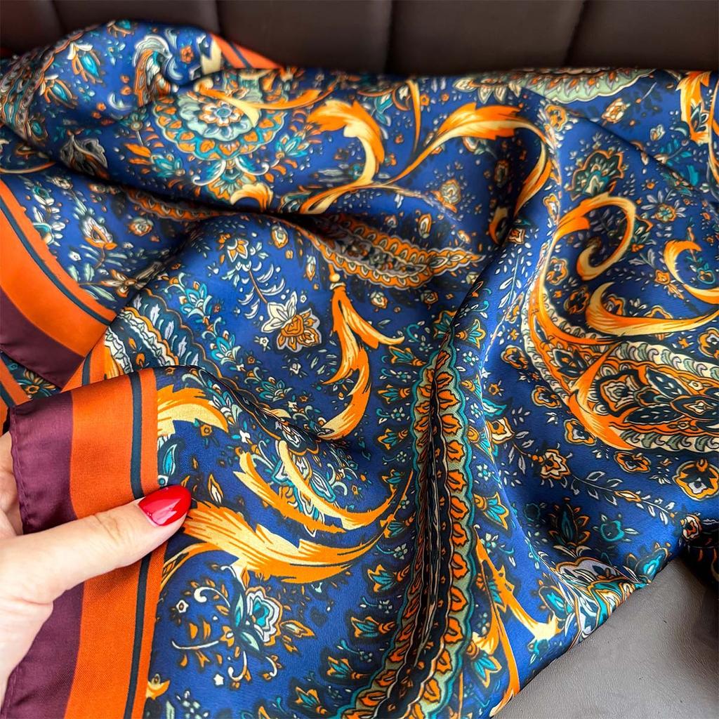 New 90cm Square Scarf Retro Cashew Floral Print Silk Scarfs Women Foulard Headscarf Summer Shawl Hijab Bandana Neck Head Scarf