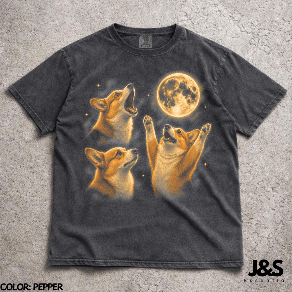 Three Corgi Moon Vintage 90s Graphic T-Shirt, Retro Silly Dog Gift, Howling Pembroke Corgi Full Moon Tee, Aesthetic Galaxy Nature Pet Art