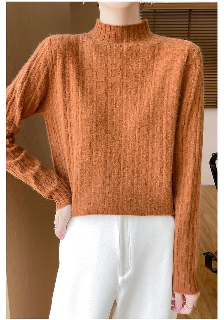 Women's Versatile Solid Color Wool Knit Sweater - Loose Half-High Collar, Long Sleeve Autumn & Winter Base Layer.