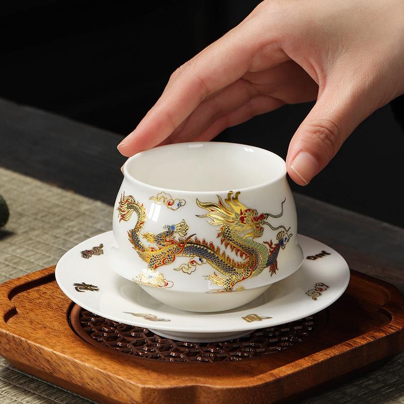 Suet jade porcelain master cup Longfeng Chengxiang does not change color in case of hot water, tea cup guest cup company