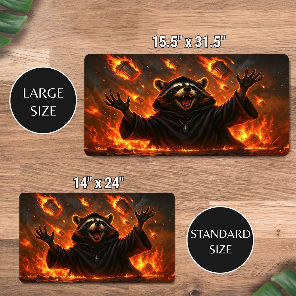 Raccoon Sorcerer TCG Playmat Fiery Burning Trash Can Play Mat 600X350 Non‑Slip Rubber Mousepad for MTG DND CCG Trading Card Game