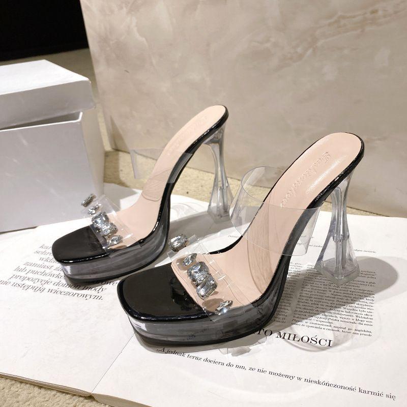 Versatile Super High-heeled Women's Shoes Rhinestone Cool Slippers 2025 New Beautiful Crystal Thick Heel Transparent Waterproof Table Sandals Women