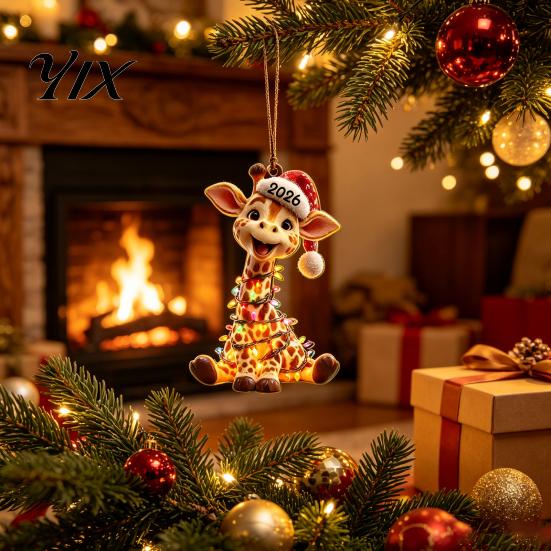 Double Sided Printed Acrylic Decor Christmas Animal Hanging Ornaments with Lanyard, Cute Pendant 2026 Unique Holiday Keepsake Santa Hat, 2D Flat Sign