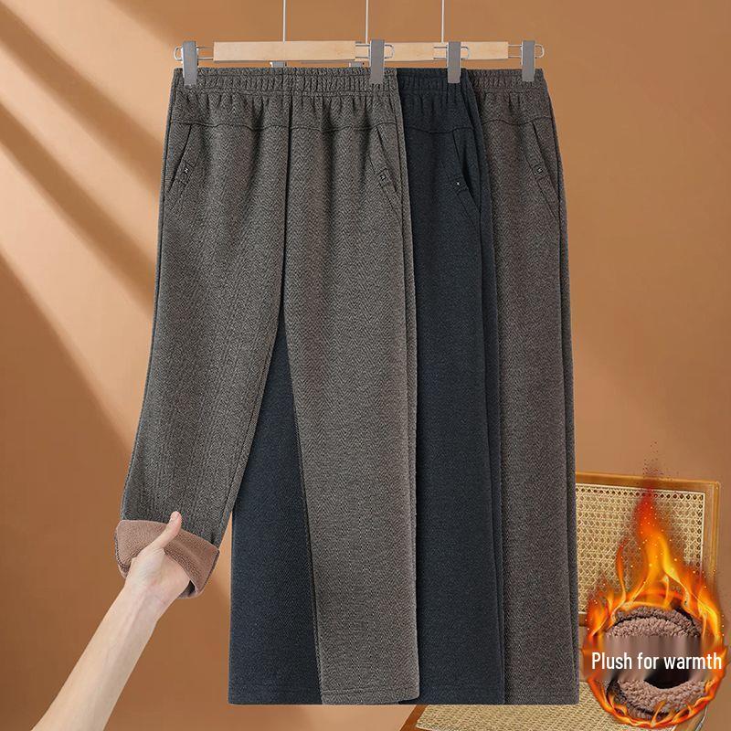 Mom's Spring Style Fleece-Lined Loose High Waist Plus Size Pants for Middle-Aged & Elderly Women