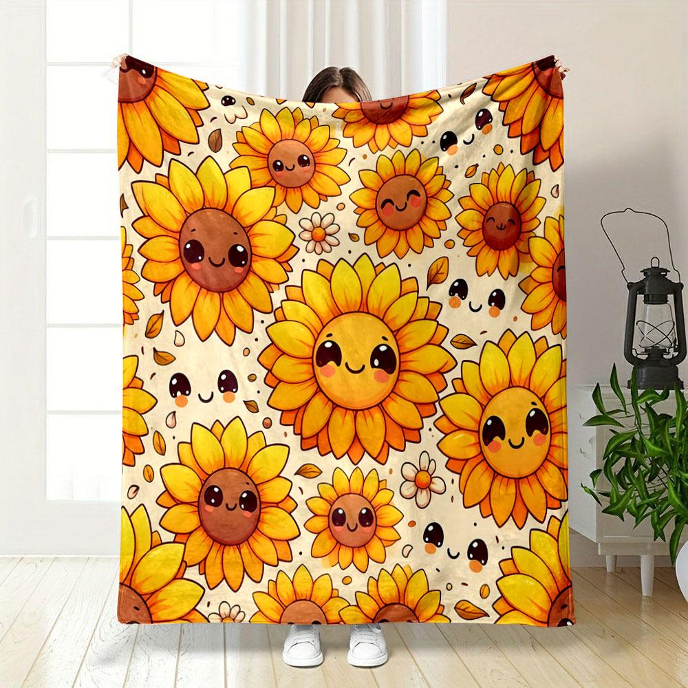 Cute Smiling Sunflowers Pattern Patterned blanket, flannel, suitable for all seasons, home decor, warm and cozy
