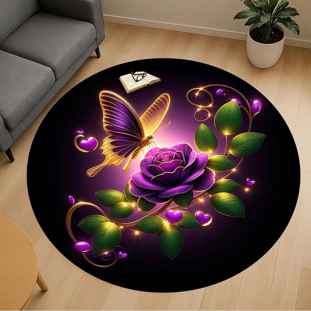 1pc Butterfly Rose Round Chair mat Area Rug - Non-Slip, Floor Mat for Office, Bedroom, and Indoor Decor -1002227
