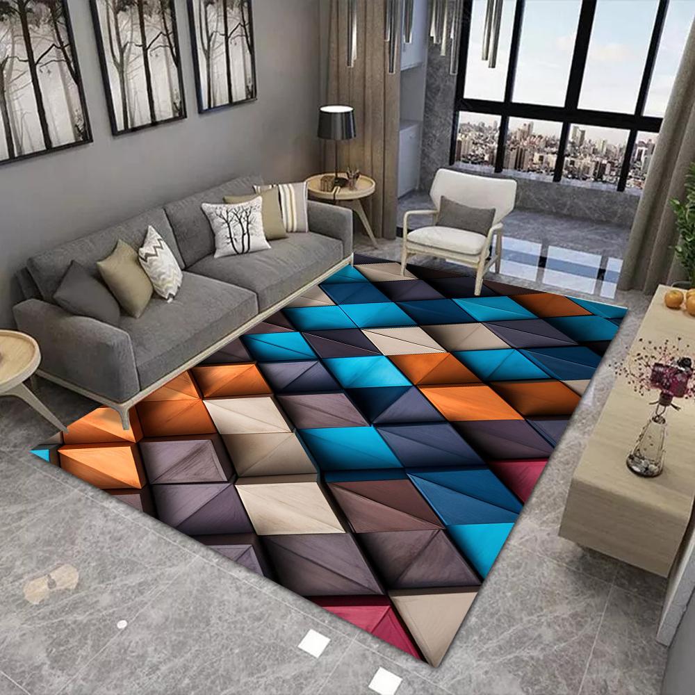 3D Colorful Geometric Cube Area Rug Non-Slip Optical Illusion Floor Mat Rhombus Pattern Carpet for Modern Living Room Home Decor