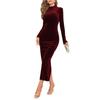 Women's Long Sleeve Round Neck Tight Slit Elegant Velvet Long Dress