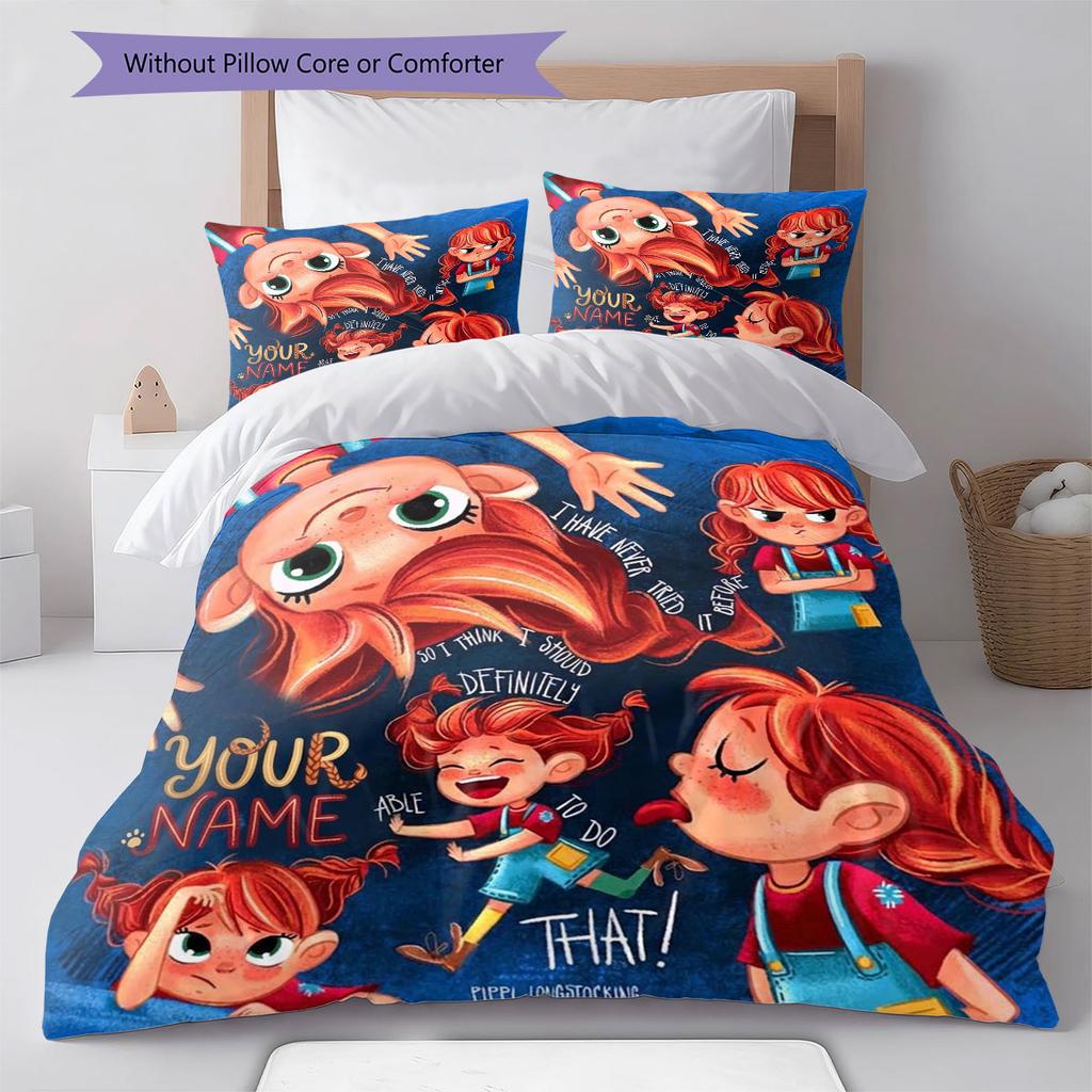 Pippi Longstocking Custom Name Pattern Bedding,Quilt Set Quilt Cover Pillowcase Home Birthday Gift(1 * duvet cover + 2 * pillowcase, without core)