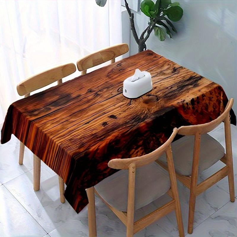One durable polyester tablecloth with a vintage wood-grain pattern print, suitable for both indoor and outdoor use.