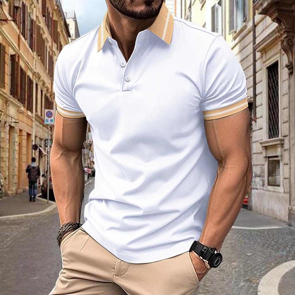 Men's Fashion Polo Shirt Colour Blocking Buttons Top Men's Sports Polo Shirt New Short-sleeved Body Shirt