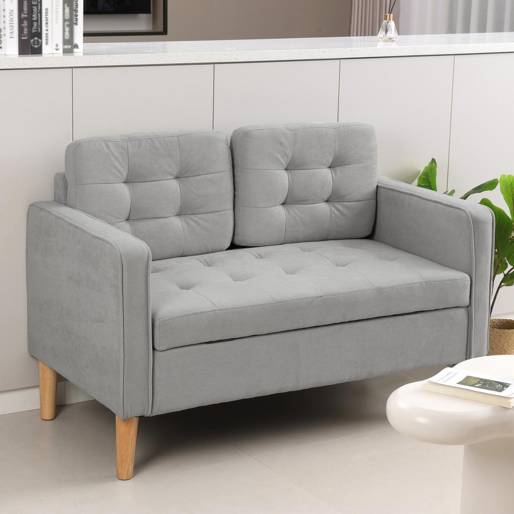 Two-Seater Sofa with Storage, Button Tufting, Cushion, Rubberwood, 117x62x78cm, Light Grey
