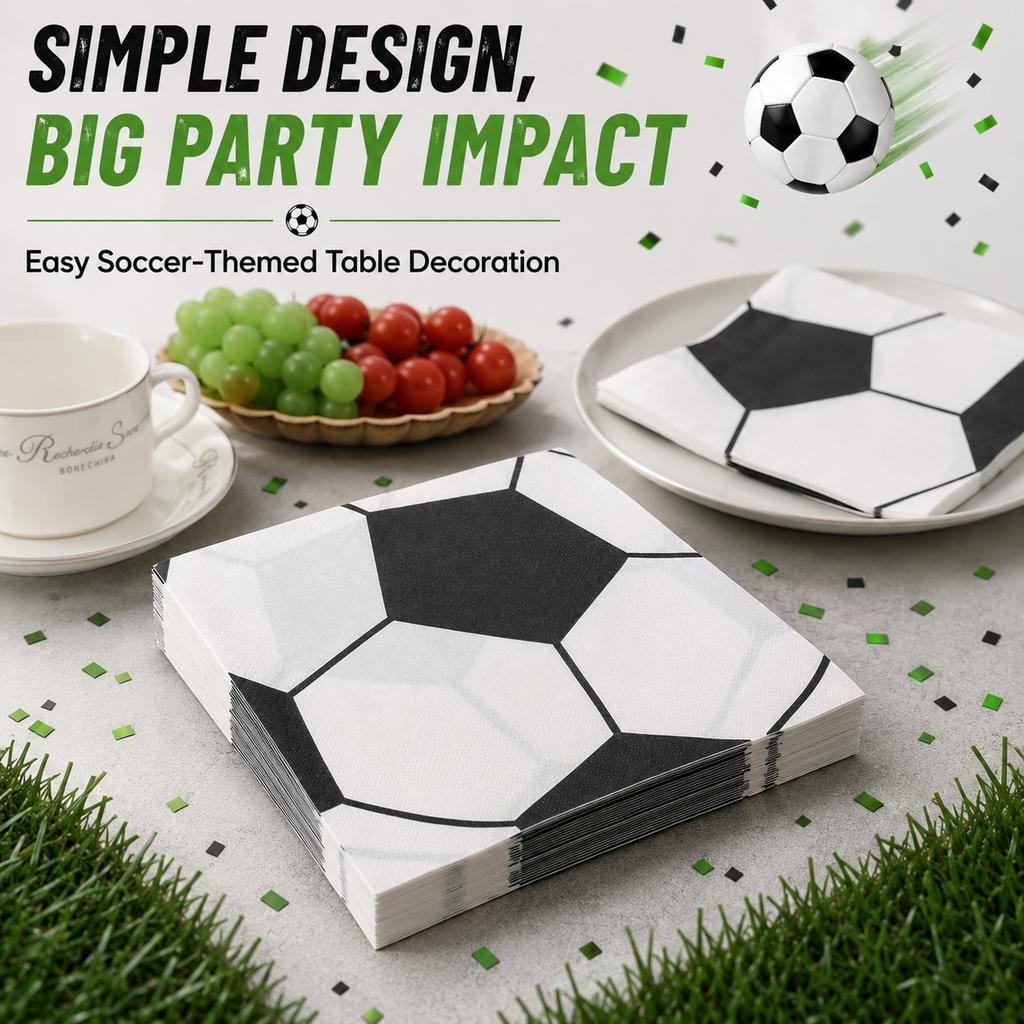20PCS Soccer Paper Napkins 2-Ply 33x33cm Black White Football Party Table Serviettes