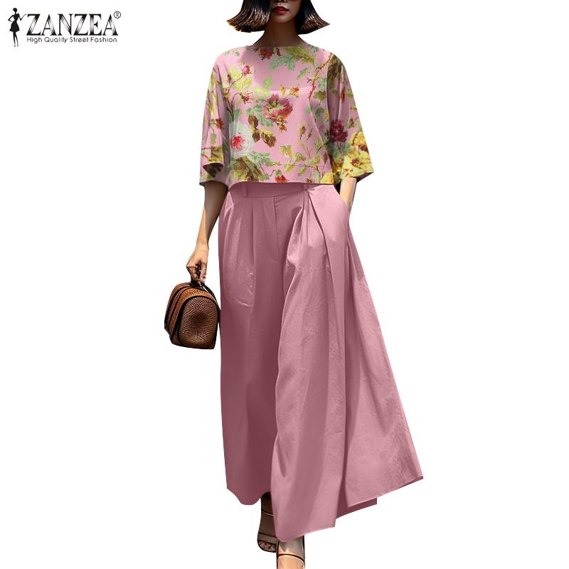 ZANZEA Женский повседневный костюм из двух частей: блузка с цветочным принтом и широкие брюки