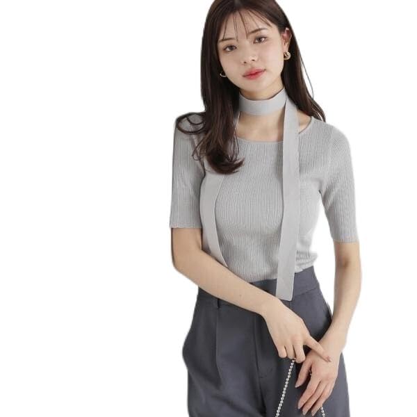 Proportion Body Dressing Ribbed Knit Sweater with Gray Women's Choker,