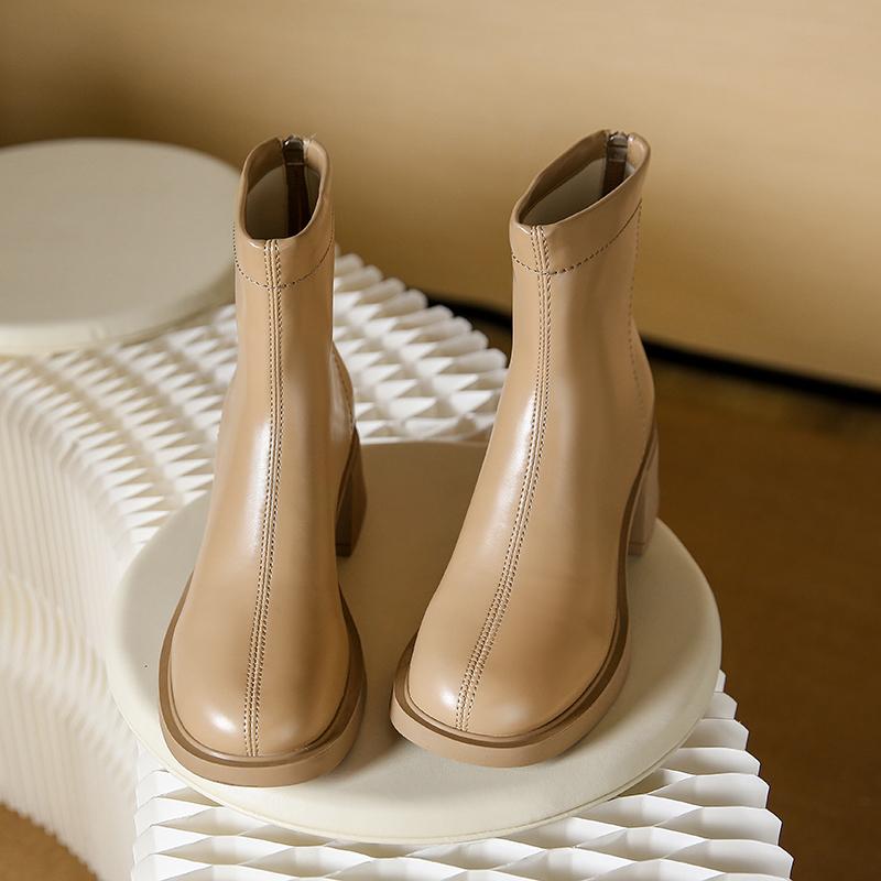 Fashion 2024 Spring and Autumn New Back Zipper Round Toe Nude Boots Women Mid-heel Leather Surface Rubber Low-cut Fashion Women's Boots