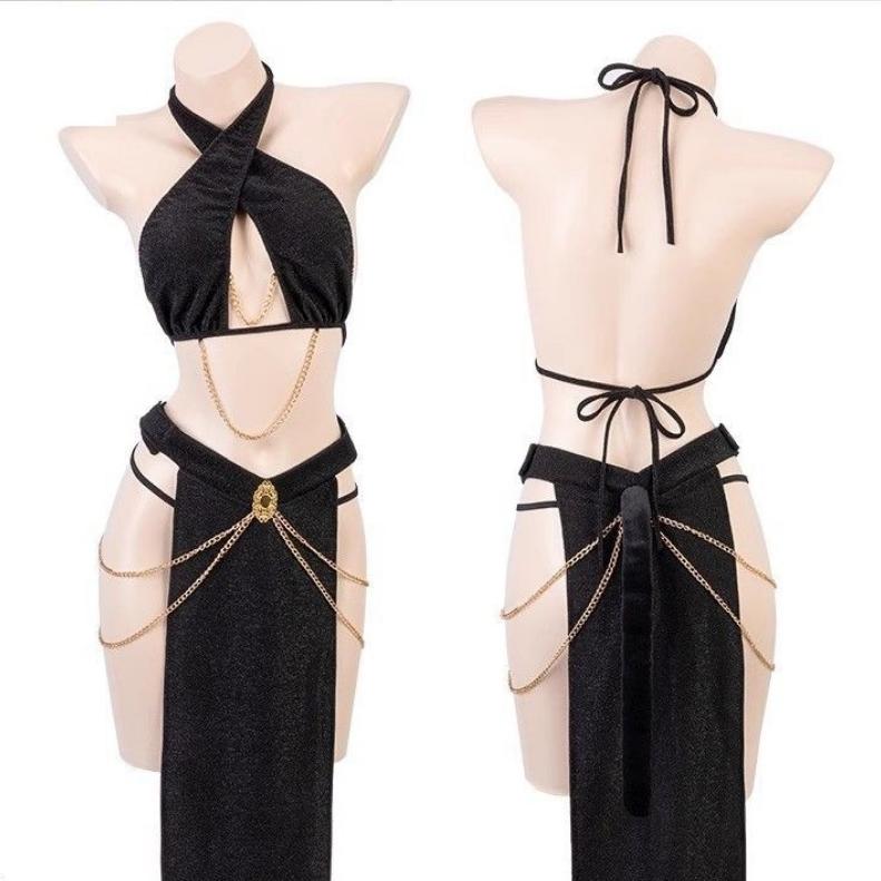 Сексуальная королева-женщина-кошка, блестящее длинное платье с высоким разрезом, стиль, униформа, стринги