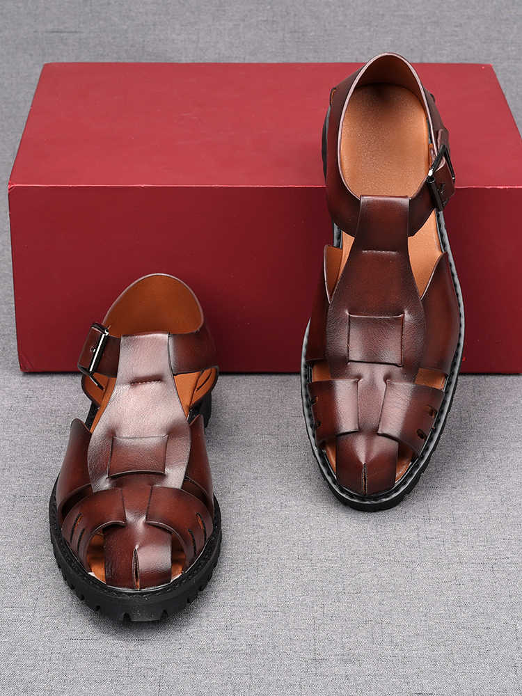 Fashion Summer New Hand Woven Men's Sandals Retro Leather Hollow Breathable Roman Shoes Trendy Solid Color Ankle Buckle Casual Shoes