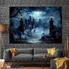 Gothic cemetery and full moon castle for Halloween backdrop, vintage church and cemetery scene