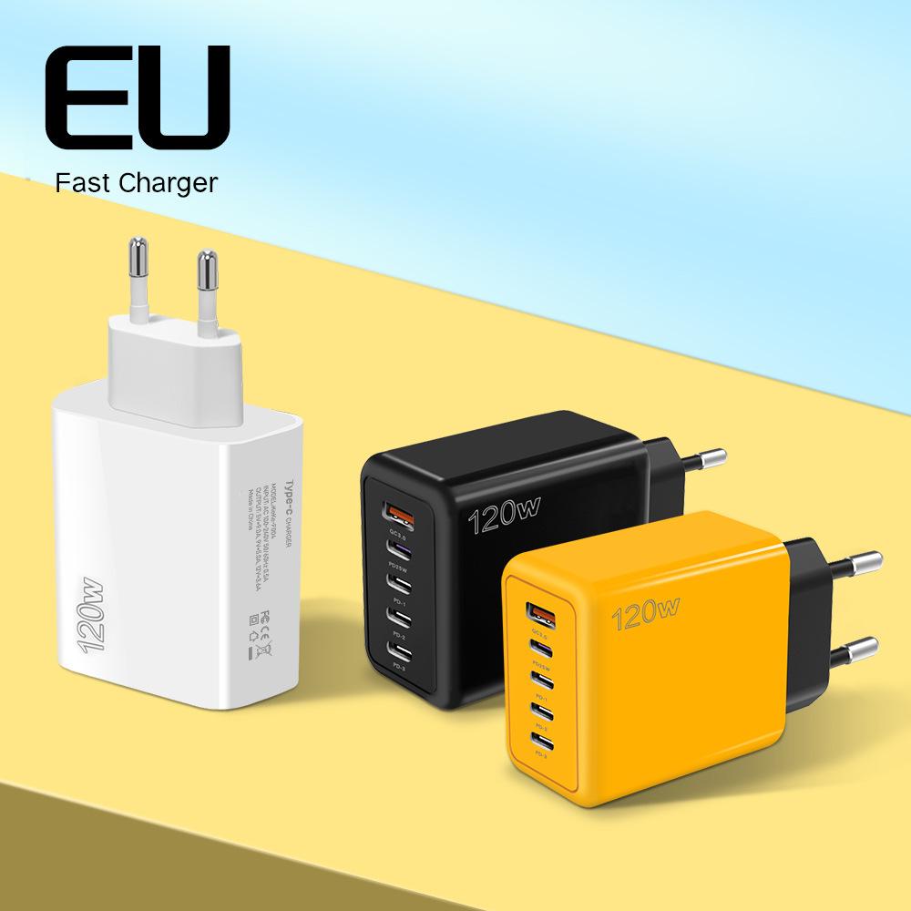 Многопортовое быстрое зарядное устройство 120 Вт - 4 порта + USB, Совместимо с Xiaomi, Apple, Type-C; Стандарты ЕС, США, Великобритании